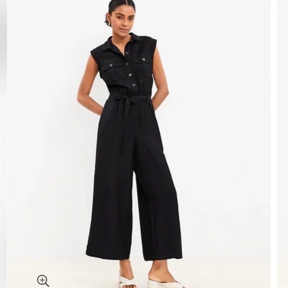 NWT LOFT Black Linen Cap Sleeve Wide Leg Belted Jumpsuit , Small Petite - Picture 1 of 10